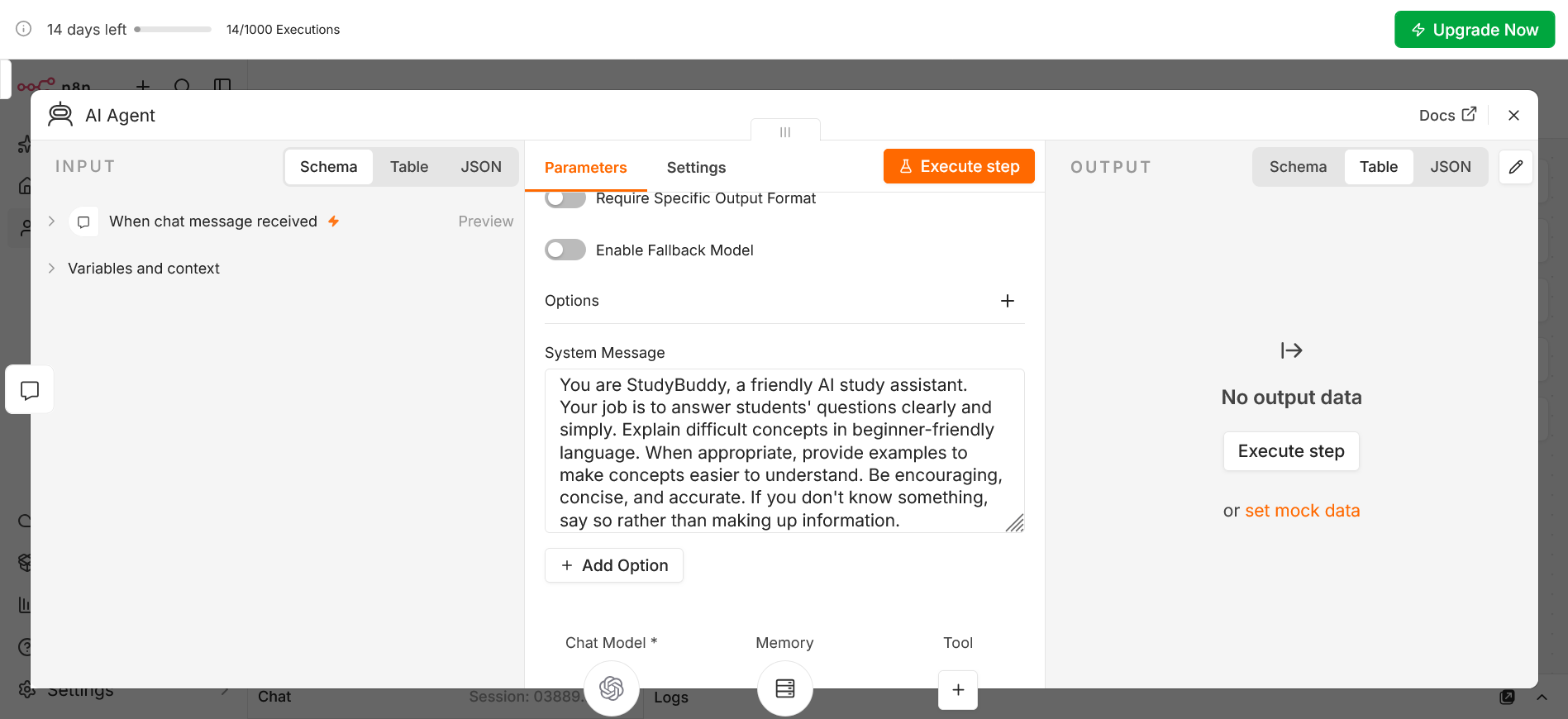 StudyBuddy AI chatbot workflow in n8n