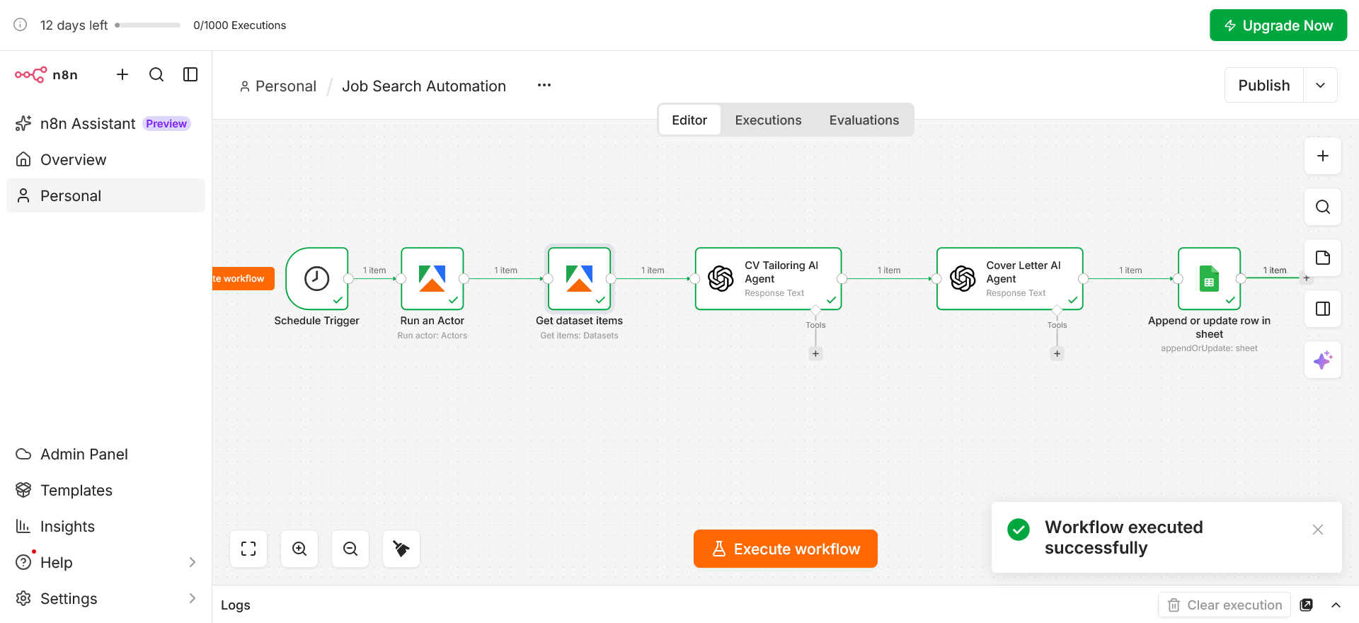 Job search automation workflow in n8n